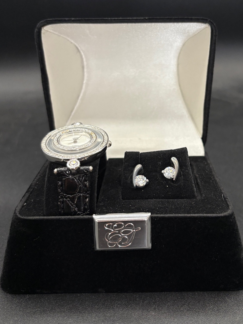 Women’s Black Leather Watch with Silver Accents and Silver Stud Earrings Set